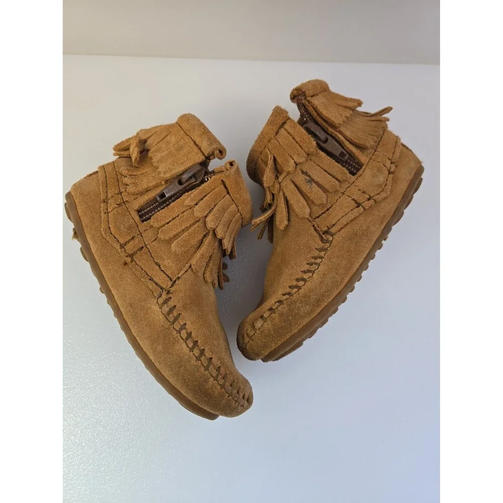 Minnetonka Kids Size 5 Double Fringe Moccasins Bootie Brown Leather Side Zipper